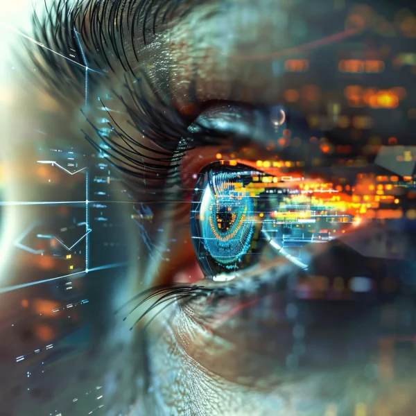 Futuristinis žmogaus akis su technologiniais elementais ir švytinčiais oranžiniais bei mėlynais šviesos efektais. Vaizdas simbolizuoja savęs pažinimą ir informacijos integraciją per Human Design sistemą. Ši unikali analizė atskleidžia jūsų energijos srautus, prigimtinį potencialą ir gyvenimo kelią, suteikiant gilų supratimą apie asmenybės struktūrą. Sužinokite daugiau GoToYourPower.lt.